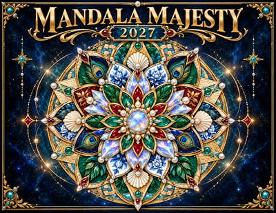 Mandala Majesty 2027 wall calendar cover — ornate jeweled mandala in gold, teal, and gemstone tones on a starry background