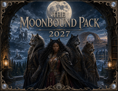 The Moonbound Pack 2027 wall calendar cover — a werewolf queen and her pack standing beneath a full moon, framed by snowy mountain ruins and a gothic manor