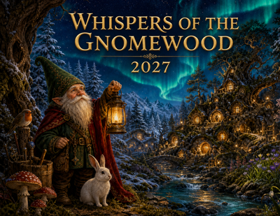 Whispers of the Gnomewood 2027 gnome calendar front cover — a gnome with a lantern and a white rabbit above a glowing woodland village under the northern lights