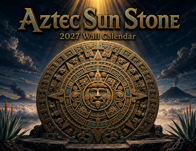 Aztec Sun Stone 2027 wall calendar cover — a towering carved Aztec sun stone rising above the clouds between two volcanoes, agave in the foreground