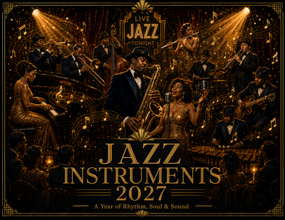 Jazz Instruments 2027 Wall Calendar front cover — 2027 themed wall calendar, 11x17 spiral-bound, printed in the USA by Jays Calendars