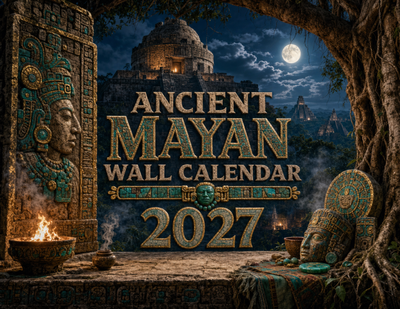 Ancient Mayan Wall Calendar 2027 cover art — stone temple ruins lit by moonlight with a carved Mayan relief, ceremonial fire, and jade masks in a jungle courtyard