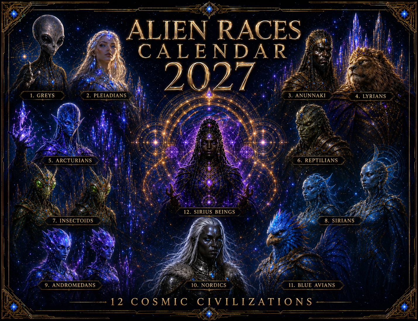 Alien Races Calendar 2027 — 12 Cosmic Civilizations | 11x17 Spiral-Bound Wall Calendar