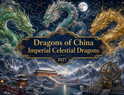 Dragons of China 2027 wall calendar cover art — jade, silver, and gold celestial dragons coiling above a moonlit imperial palace and mountain temple