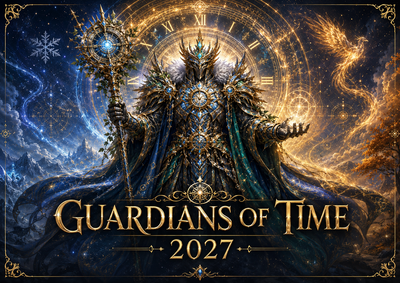 Guardians of Time 2027 wall calendar cover art — an armored guardian holding a celestial staff before a glowing clock-face zodiac, flanked by a phoenix and a snowflake