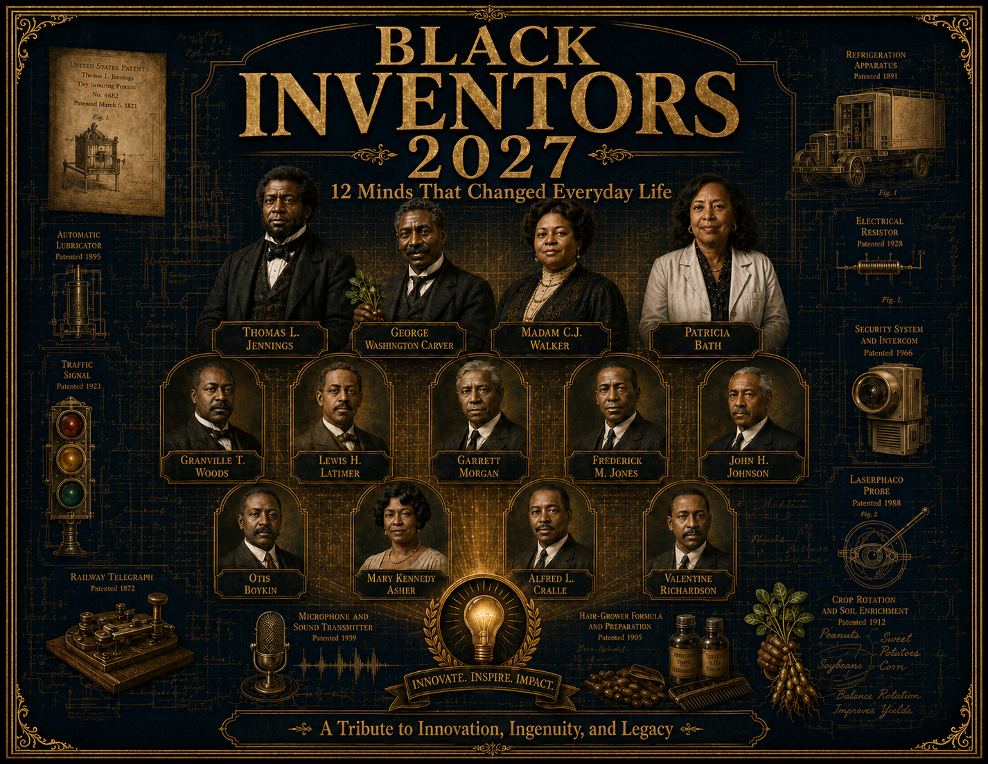 Black Inventors 2027 Wall Calendar — 12 Minds That Changed Everyday Life | 11x17 Spiral-Bound