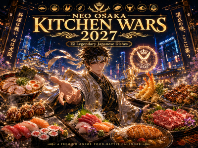 Neo Osaka Kitchen Wars 2027 Wall Calendar front cover — 2027 anime themed wall calendar, 11x17 spiral-bound, printed in the USA by Jays Calendars