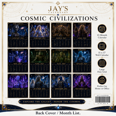 Alien Races Calendar 2027 — 12 Cosmic Civilizations | 11x17 Spiral-Bound Wall Calendar