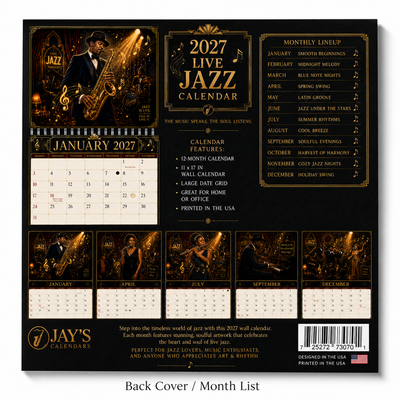 Jazz Instruments 2027 Wall Calendar back cover showing all 12 months — 2027 themed wall calendar by Jays Calendars