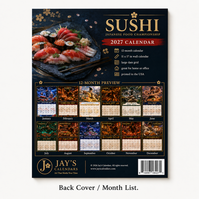 Neo Osaka Kitchen Wars 2027 Wall Calendar back cover showing all 12 months — 2027 anime themed wall calendar by Jays Calendars