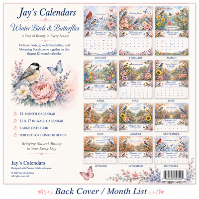 Watercolor Birds & Butterflies Wall Calendar 2027 back cover showing all 12 months — 2027 themed wall calendar by Jays Calendars