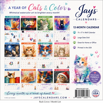 Back cover of Watercolor Cats 2027 Wall Calendar showing all 12 months — Jays Calendars
