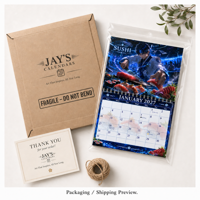 Neo Osaka Kitchen Wars 2027 Wall Calendar packaging — 2027 wall calendar ships flat in rigid mailer with Fragile Do Not Bend label and thank-you card, by Jays Calendars