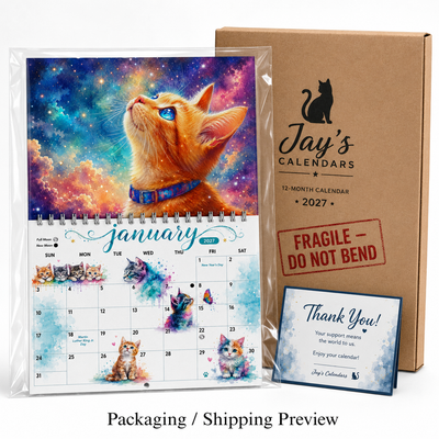 Jays Calendars packaging for Watercolor Cats 2027 — rigid mailer Fragile Do Not Bend with thank-you card