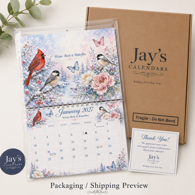 Watercolor Birds & Butterflies Wall Calendar 2027 packaging — 2027 wall calendar ships flat in rigid mailer with Fragile Do Not Bend label and thank-you card, by Jays Calendars