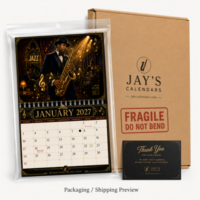 Jazz Instruments 2027 Wall Calendar packaging — 2027 wall calendar ships flat in rigid mailer with Fragile Do Not Bend label and thank-you card, by Jays Calendars