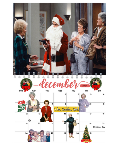 The Golden Girls Wall Calendar 2027 packaging — 2027 wall calendar ships flat in rigid mailer with Fragile Do Not Bend label and thank-you card, by Jays Calendars