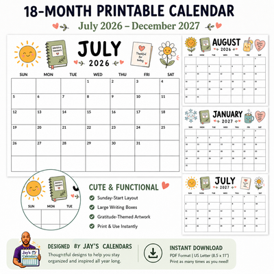 18-Month Gratitude Printable Calendar overview July 2026 December 2027 Sunday start large writing boxes instant download