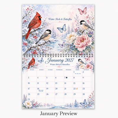 Watercolor Birds & Butterflies Wall Calendar 2027 monthly artwork page preview — 2027 themed wall calendar by Jays Calendars