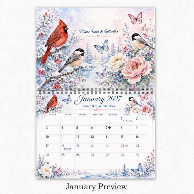 Watercolor Birds & Butterflies Wall Calendar 2027