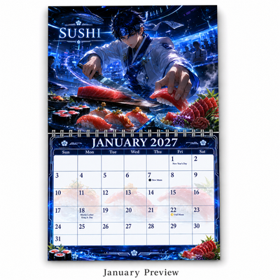 Neo Osaka Kitchen Wars 2027 Wall Calendar monthly artwork page preview — 2027 anime themed wall calendar by Jays Calendars