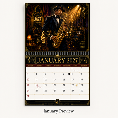 Jazz Instruments 2027 Wall Calendar monthly artwork page preview — 2027 themed wall calendar by Jays Calendars