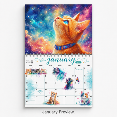 January 2027 Watercolor Cats Calendar page with cat illustration and date grid