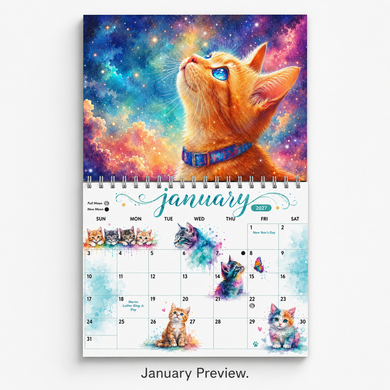 Watercolor Cats Wall Calendar 2027 — 12 Months of Feline Art