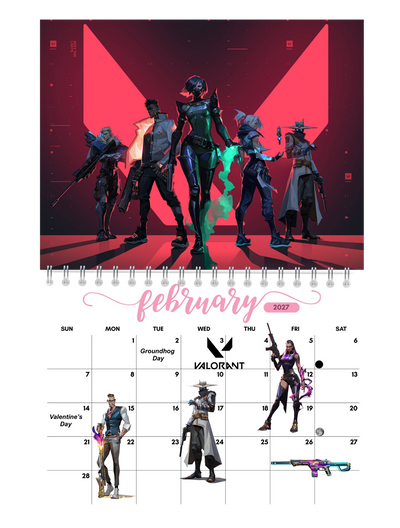 Valorant Wall Calendar 2027 calendar grid close-up — large date boxes, Sunday start layout, 2027 wall calendar by Jays Calendars