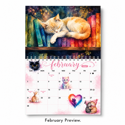 February 2027 Watercolor Cats Calendar page with cat watercolor artwork