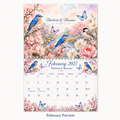 Watercolor Birds & Butterflies Wall Calendar 2027 calendar grid close-up — large date boxes, Sunday start layout, 2027 wall calendar by Jays Calendars