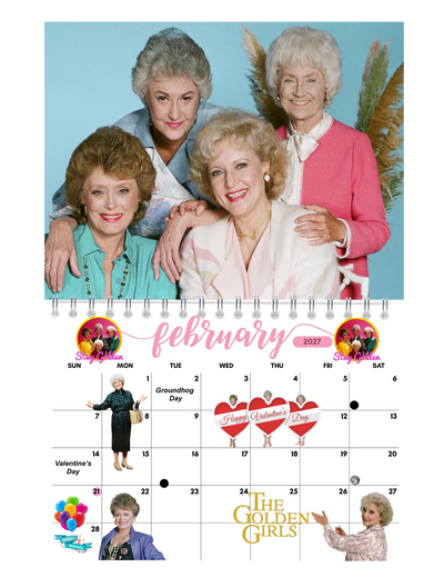 The Golden Girls Wall Calendar 2027 calendar grid close-up — large date boxes, Sunday start layout, 2027 wall calendar by Jays Calendars