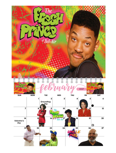 Black 90s TV Shows Wall Calendar 2027 calendar grid close-up — large date boxes, Sunday start layout, 2027 wall calendar by Jays Calendars
