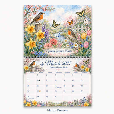 Watercolor Birds & Butterflies Wall Calendar 2027 monthly artwork page preview — 2027 themed wall calendar by Jays Calendars