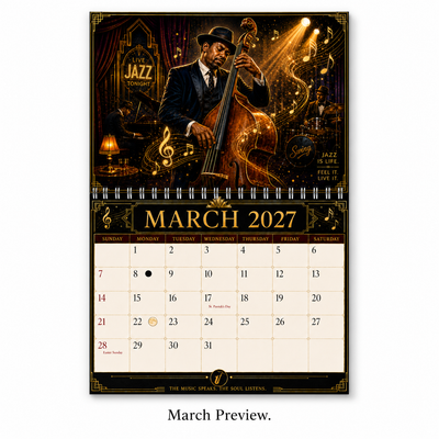 Jazz Instruments 2027 Wall Calendar monthly artwork page preview — 2027 themed wall calendar by Jays Calendars