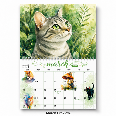 March 2027 Watercolor Cats Calendar page with feline art illustration