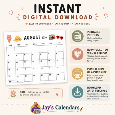 Jays Calendars brand card showing 18-month printable calendar August January June December 2026-2027