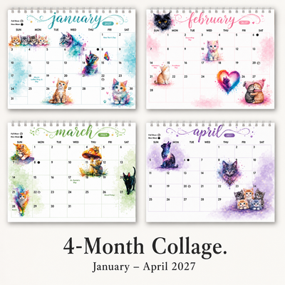 Watercolor Cats 2027 four-month preview collage January through April