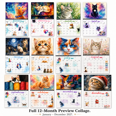 Watercolor Cats 2027 Wall Calendar full 12-month preview all months