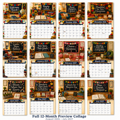 December 2026 classroom wall calendar with winter break dates