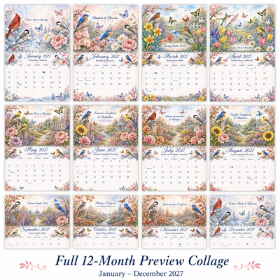 Watercolor Birds & Butterflies Wall Calendar 2027 featured design detail — 2027 wall calendar interior artwork by Jays Calendars