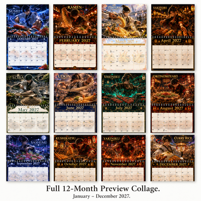 Neo Osaka Kitchen Wars 2027 Wall Calendar monthly artwork page preview — 2027 anime themed wall calendar by Jays Calendars