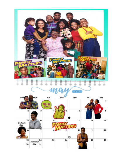 Black 90s TV Shows Wall Calendar 2027 monthly artwork page preview — 2027 themed wall calendar by Jays Calendars