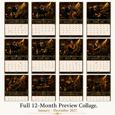 Jazz Instruments 2027 Wall Calendar monthly artwork page preview — 2027 themed wall calendar by Jays Calendars