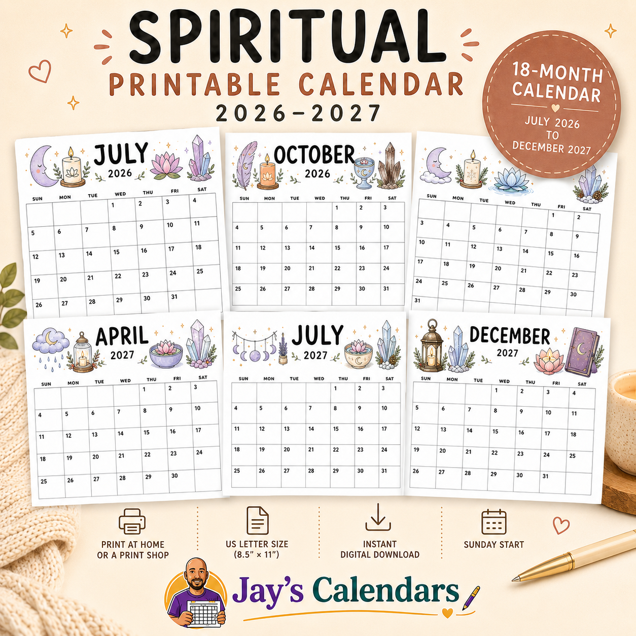 Spiritual Printable Calendar 2026-2027 | 18-Month Instant Digital Download