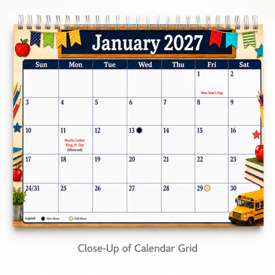January 2027 teacher planning calendar with new year school activities
