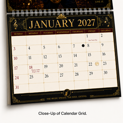 Jazz Instruments 2027 Wall Calendar featured design detail — 2027 wall calendar interior artwork by Jays Calendars