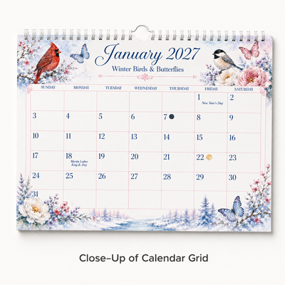 Watercolor Birds & Butterflies Wall Calendar 2027 size comparison on wall — 11x17 inches, 2027 spiral-bound wall calendar by Jays Calendars