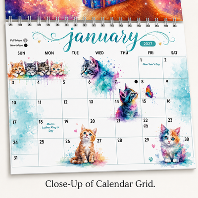 Watercolor Cats 2027 calendar grid close-up showing large date boxes and moon phases