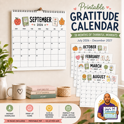 Printable Gratitude Calendar wall hung September 2026 with multiple months spread - 18 months of thankful moments